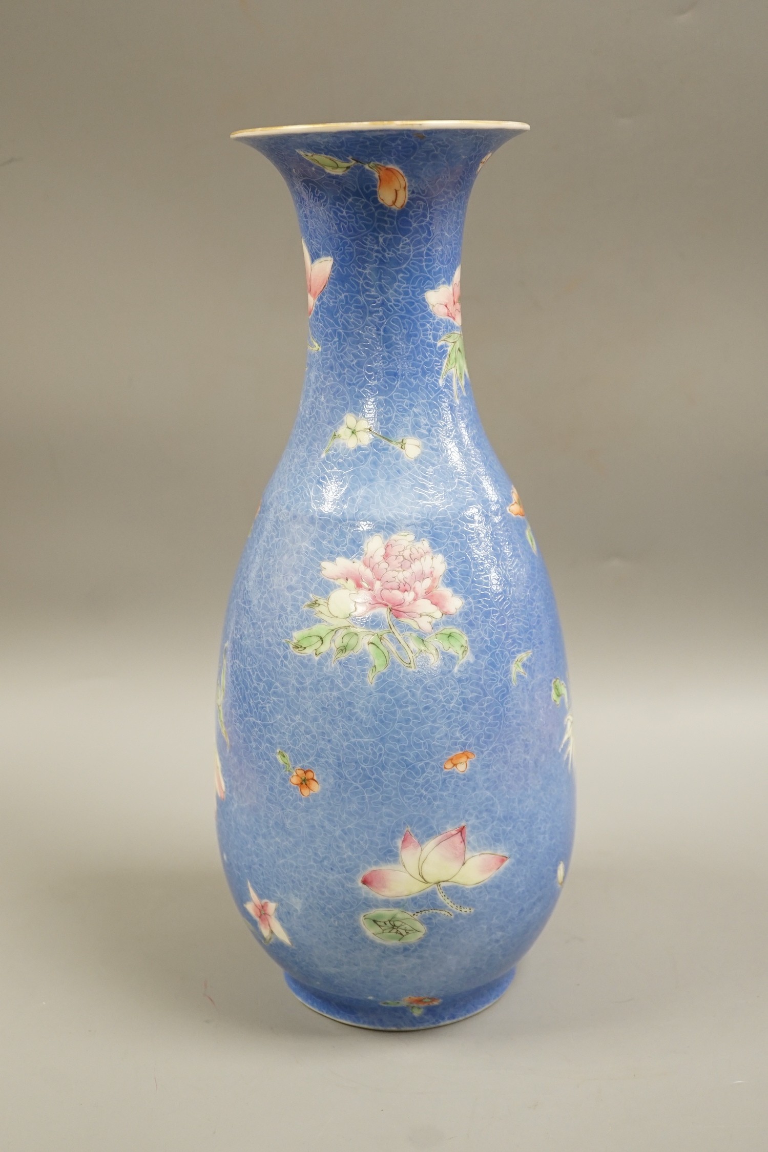 A Chinese sgraffito enamelled porcelain four flowers vase, Qianlong seal mark but Republic period, 35.5cm